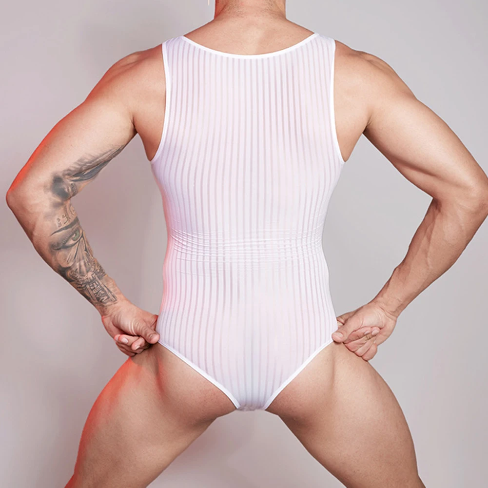 Men\'s Stretchy Thongs Leotard Striped See Through Bodysuits Sexy Lingerie Male Sleeveless Jumpsuit Tights