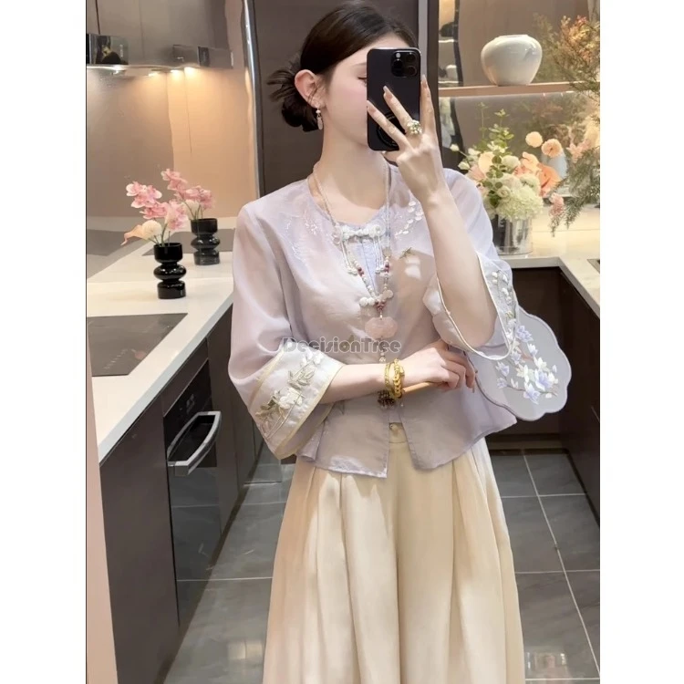 

2025 summer new chinese retro style retro cheongsam button embroidery tang suit top v-neck half sleeve elegant loose jacket t001
