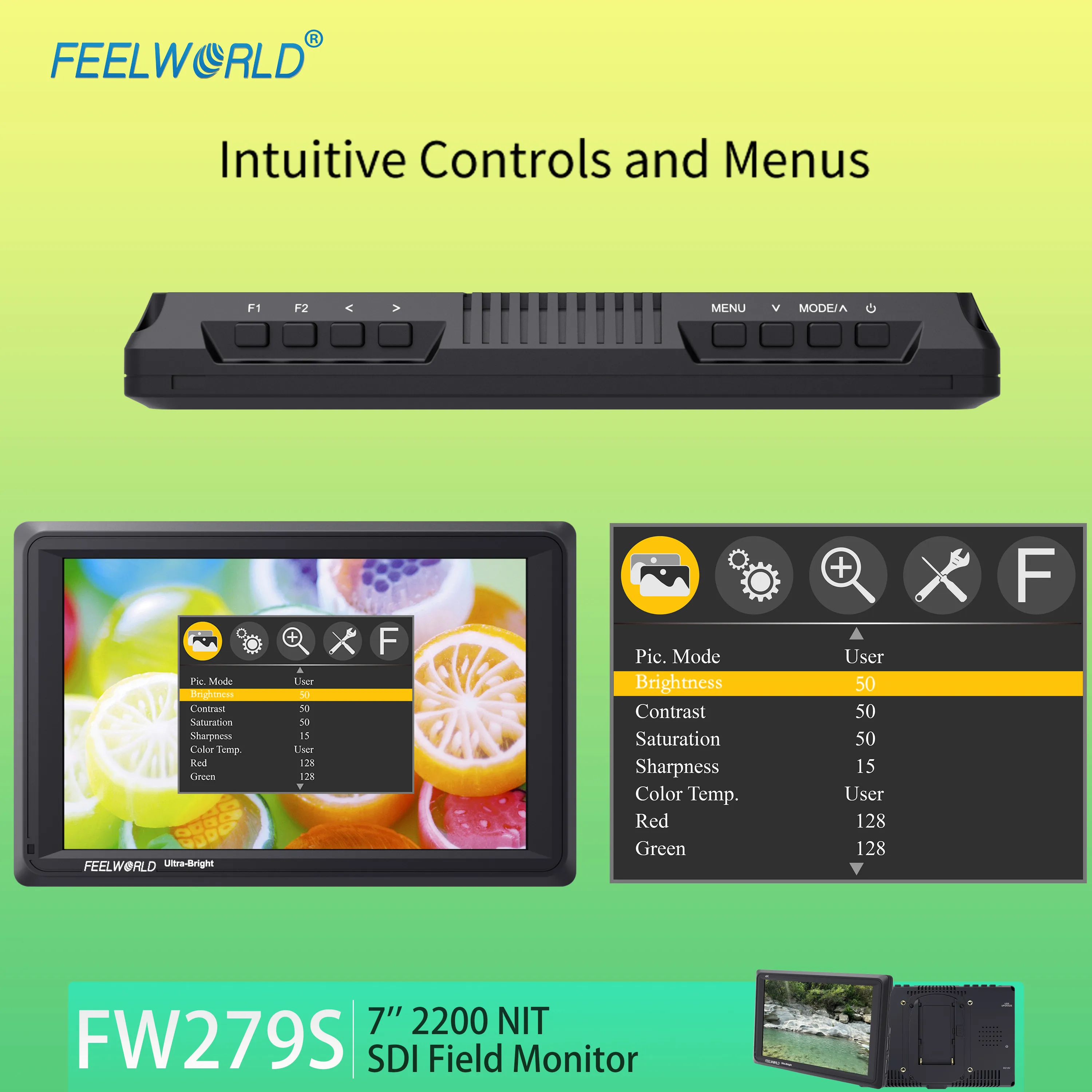 FEELWORLD FW279S 7-дюймовый монитор с камерой 2200nit, OEM Factory Direct, входной выход HDMI/3G-SDI, панель IPS 1920x1200