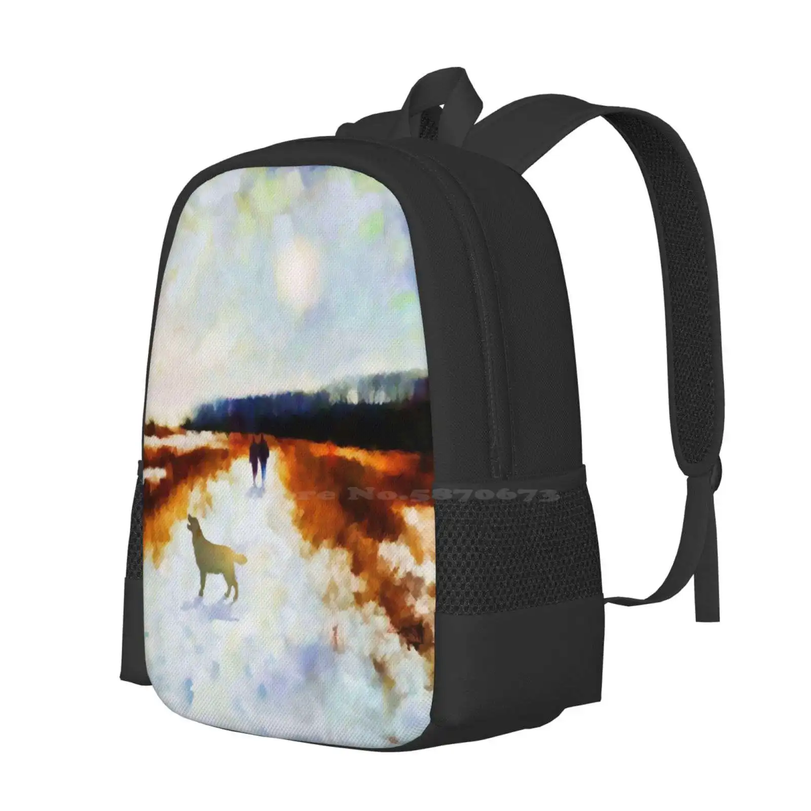 Broadland Walk Hot Sale Schoolbag Backpack Fashion Bags Landscape Snow Dog Duck Impressionism Luminescence White Water