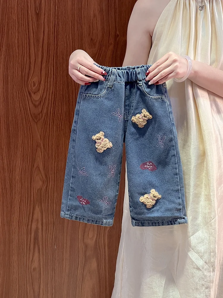 

Girls Cartoon Denim Pants Spring Autumn Sle Straight Leg Baby Faionable Casual hine Embroidery Warm All Seasons
