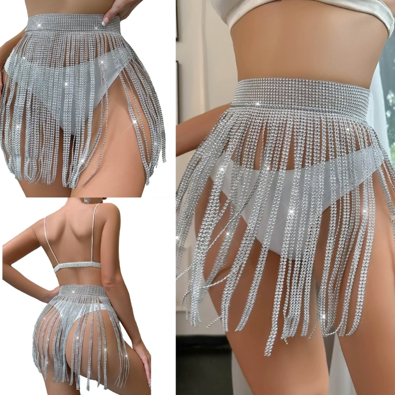 Tassels Skirt Women Crystal Body Chain Bling Diamond Fringe Skirt Belly Dance Skirt Costume Accessories Gifts