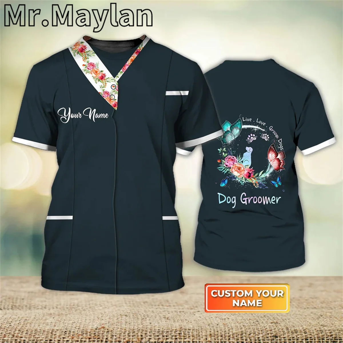 Pet Groomer Uniform For Salon Pet Personalized Name 3D All Over Printed Tshirt Men/Women for Dog Groomer Tee Shirt Unisex Tops