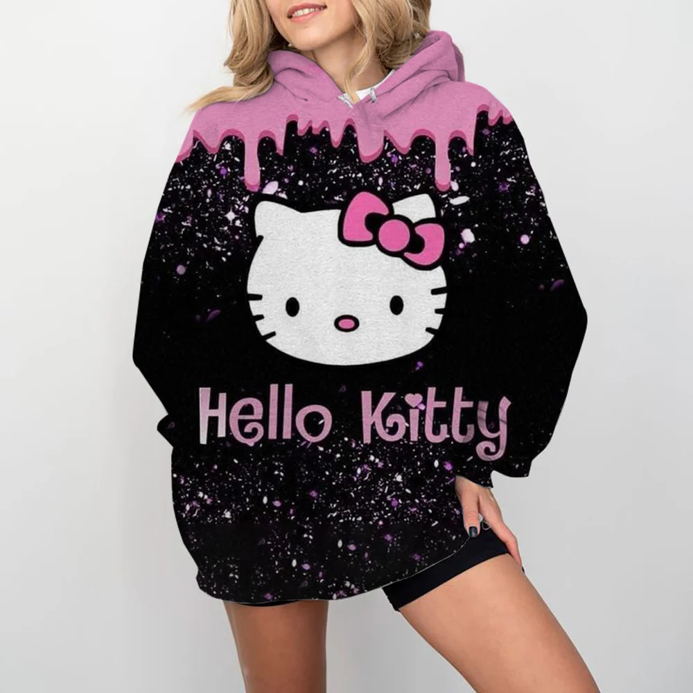 

2025 Sanrio Fashion Women Hoodie Hello Kitty Cartoon Anime Woman Sweatshirt Spring Autumn Kawaii Woman Oversized Pullover Tops