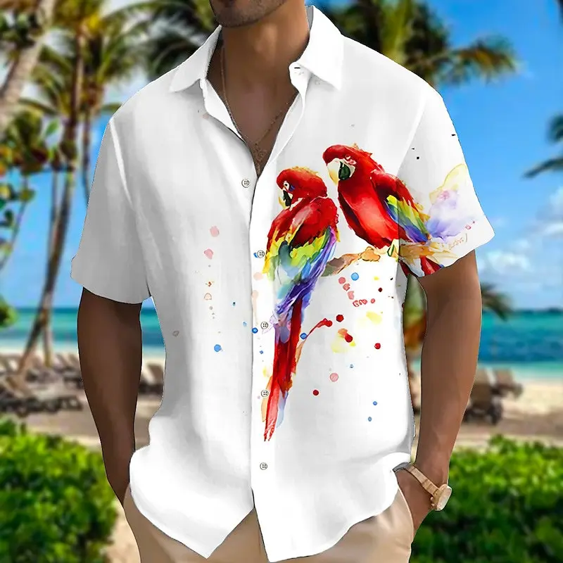 

Funny 3D Parrot Print Shirts For Men Fashion Flower Pattern Short Sleeve T-Shirts Casual Lapel Loose Tops Summer Beach Clothing