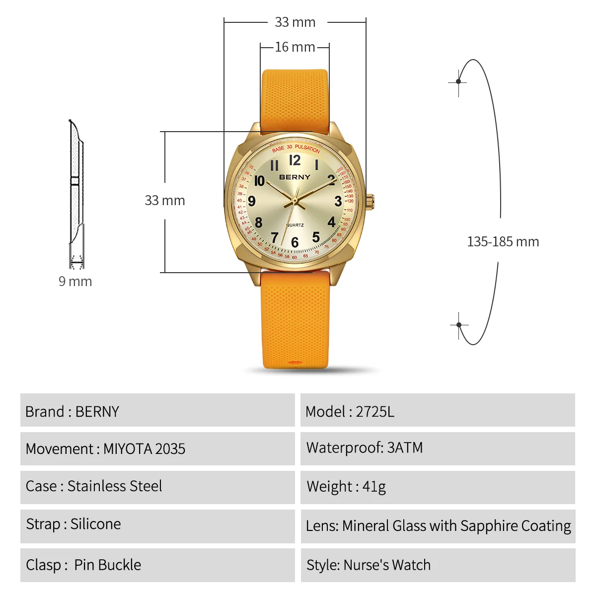 BERNY Damenuhren, Krankenschwesteruhr, lässig, schlicht, Damen, Gold, Quarzuhren, leuchtend, leicht ablesbar, wasserdicht, Sport-Damen-Armbanduhr – Detail 7