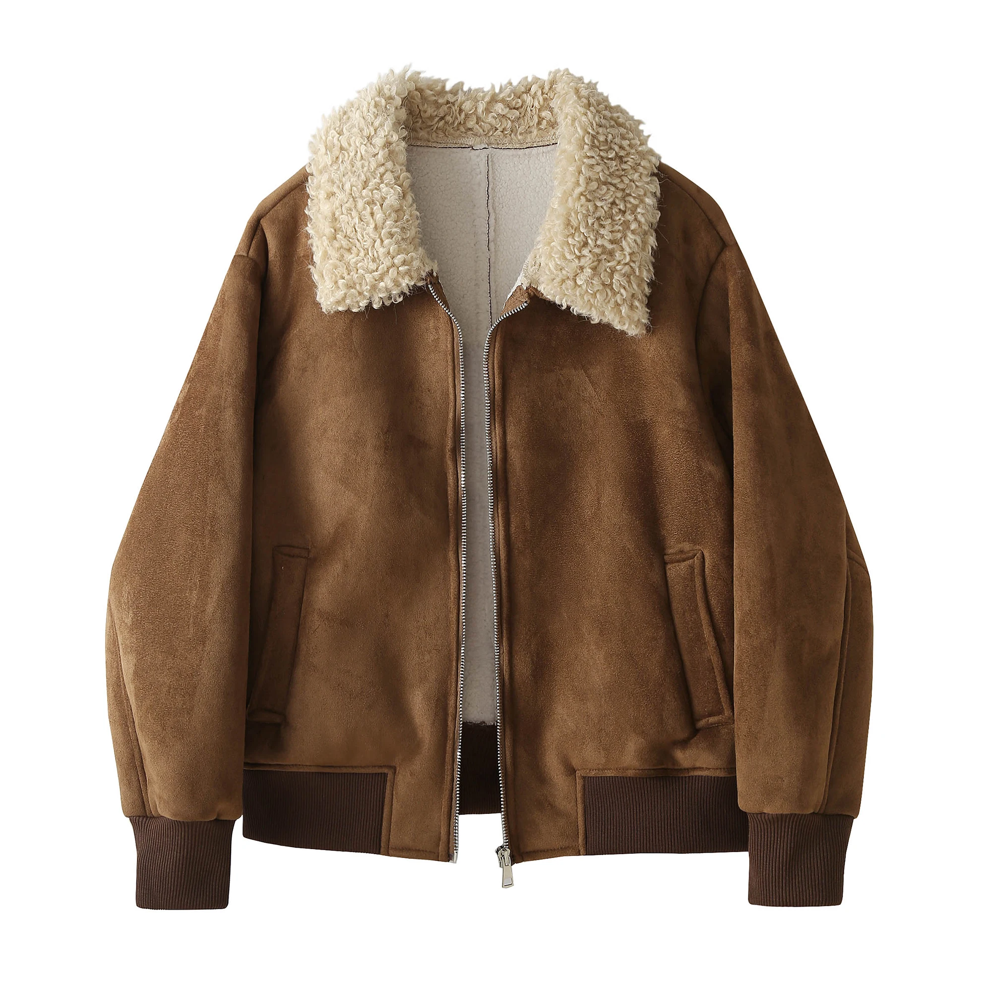 Jaet de gamuza con empalme de piel de cordero para mujer, abrigo informal de béisbol con corte holgado, informal, para invierno