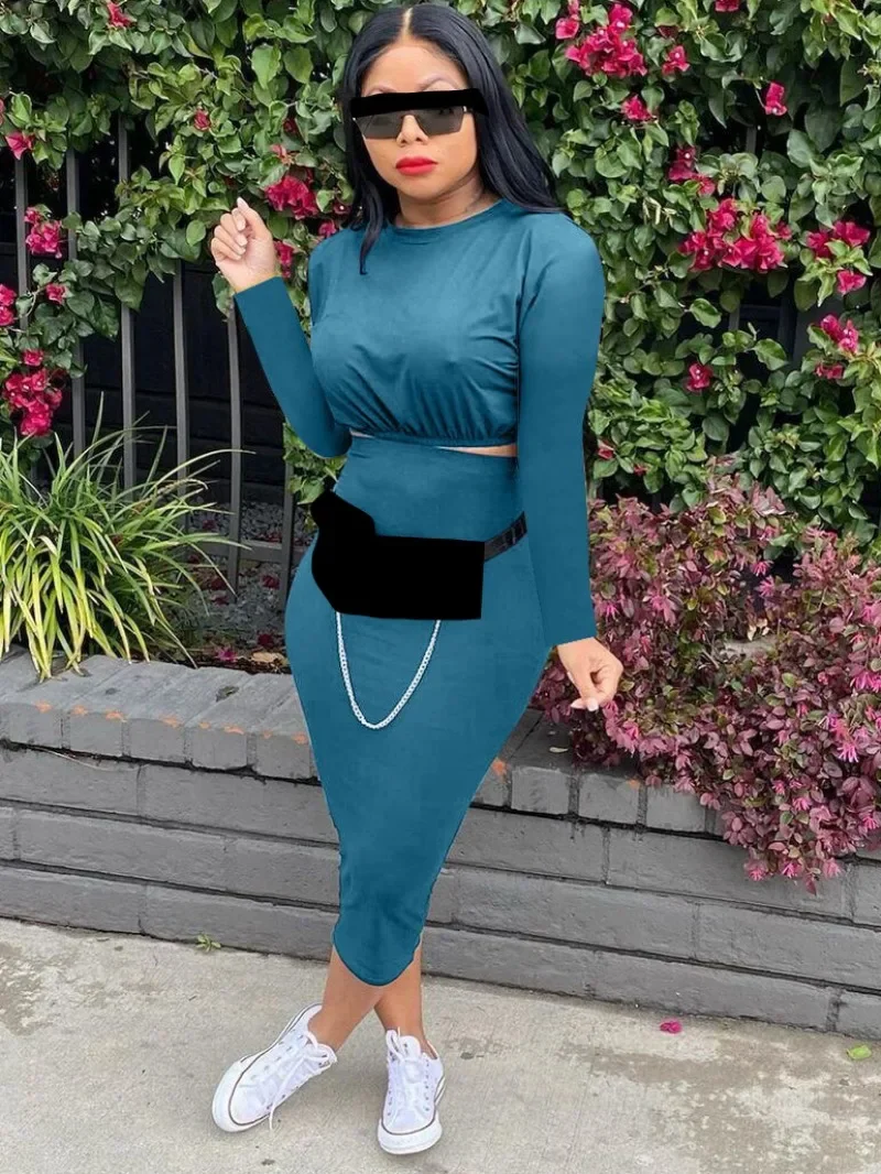 

GUWU Soild Street Women Two 2 Piece Set Outfits Elegant Long Sleeve T-shirt + Bodycon Skirts Suits Casual Fitness Tracksuit