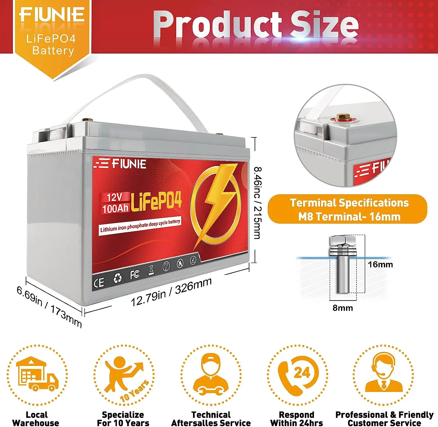 FIUNIE 12V 100Ah Lithium Battery LiFePO4 1280W, 100A BMS, 10-Year Lifespan, Up to 6000 Deep Cycles for Solar Boat RV EV