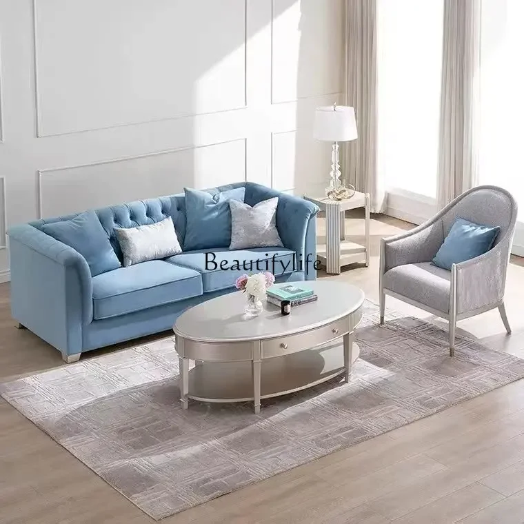 

yj19 American solid wood fabric sofa living room small apartment light luxury fashion buckle three people