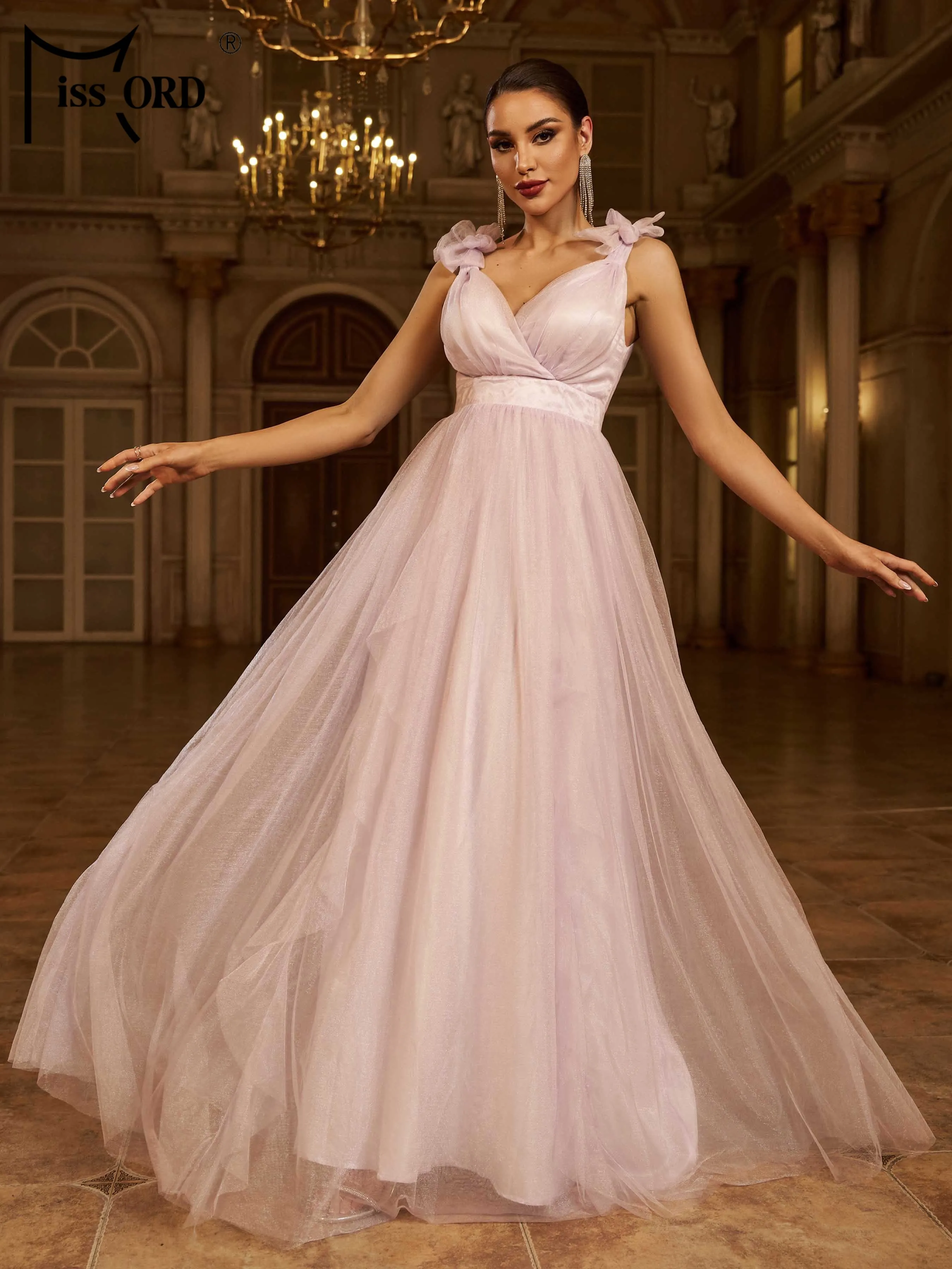 

Missord New V Neck A Line Evening Gown Wedding Birthday Party Formal Occasion Graduation Tulle Perform Maxi Dresses