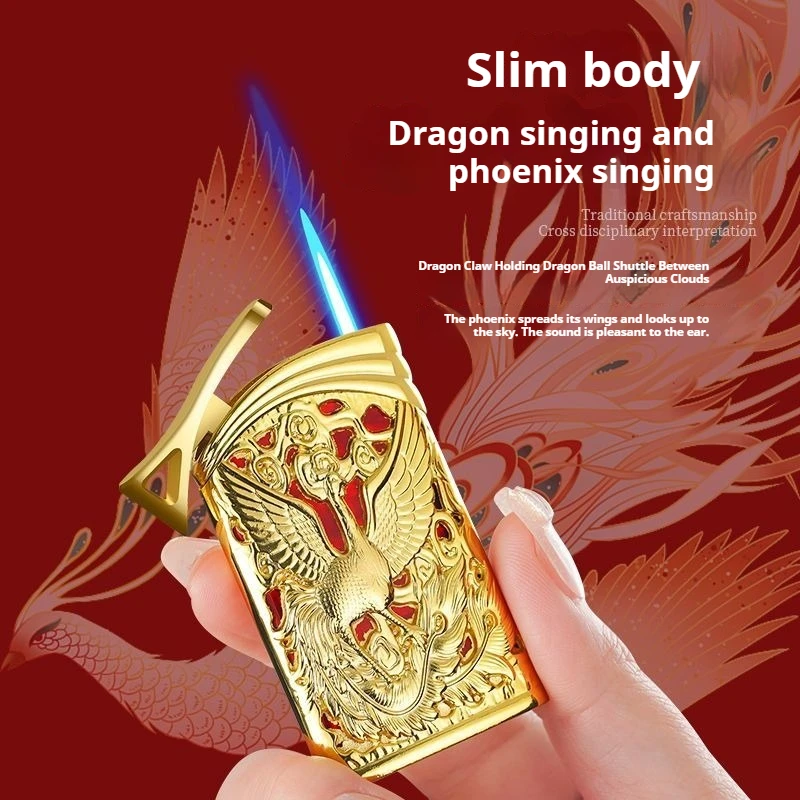 

New Lighter Windproof Inflatable Embossed Lighter Straight Flame Dragon And Phoenix Pattern Cigarette Lighter Smoking Gift