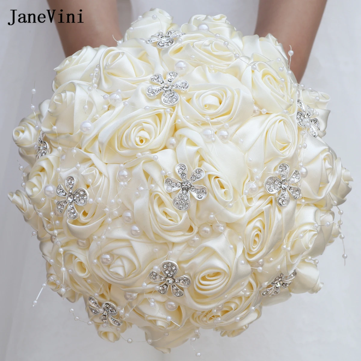 

JaneVini In Stock Ivory Ribbon Flowers Bridal Bouquets Pearls Artificial Satin Roses Korean Wedding Fake Bouquet Ramo De Novia