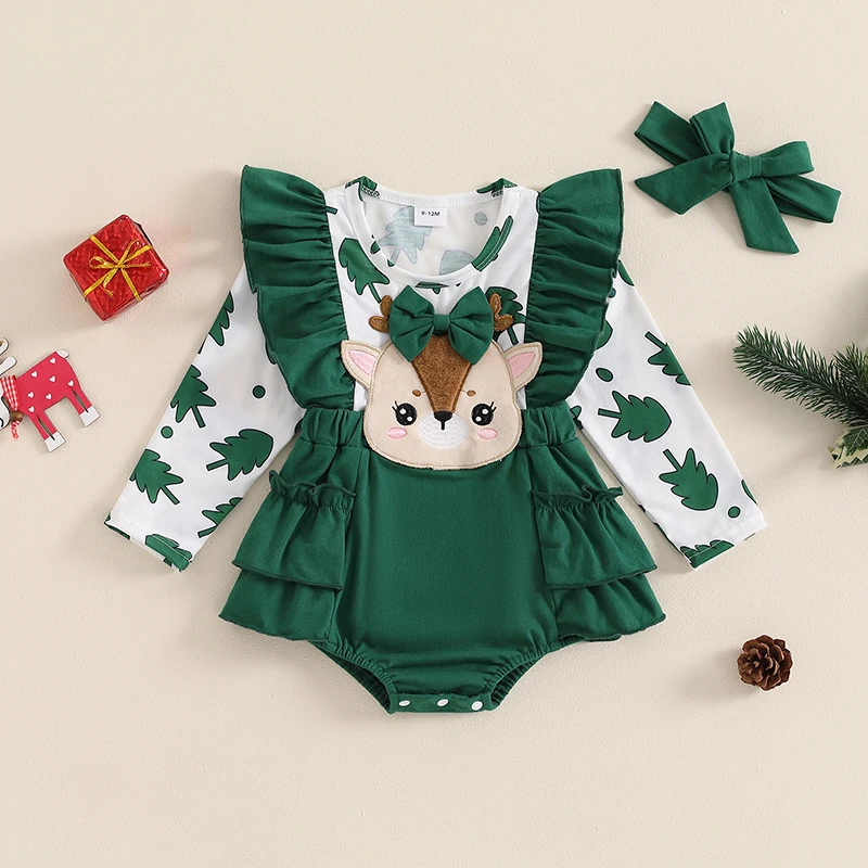 Baby Girl 2Pcs Christmas Outfits Long Sleeve Cartoon Embroidery Bodysuit with Headband Set Infant Clothes