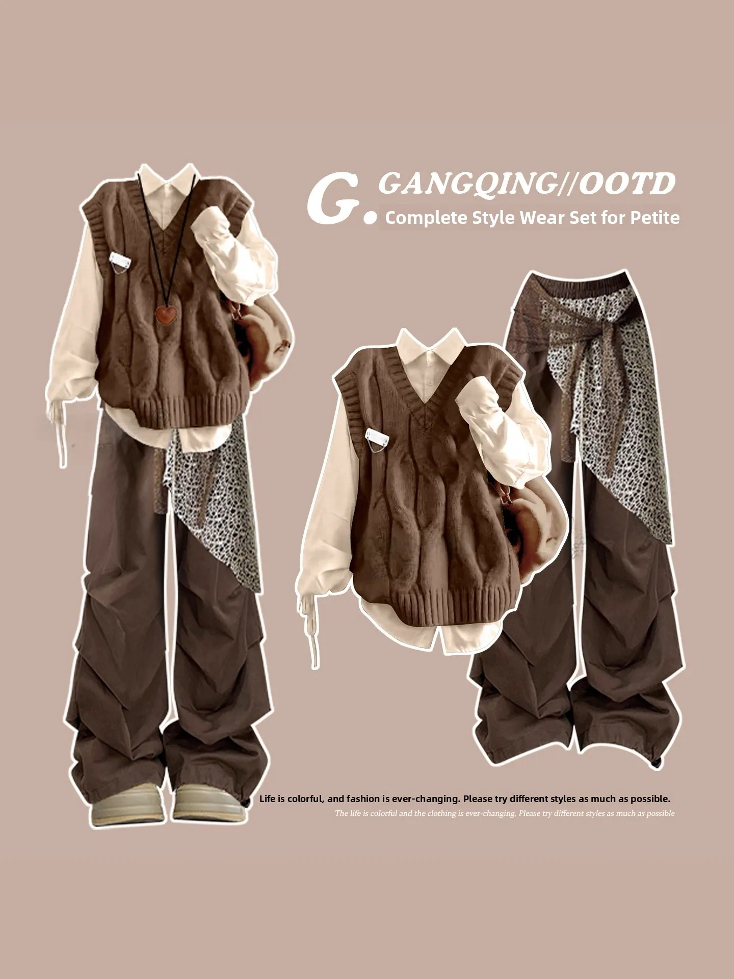 

2025 Autumn Faion College Sle Women's Two-Piece Set High Waist Long Pants Ne Vest Long Sve Color Polyester