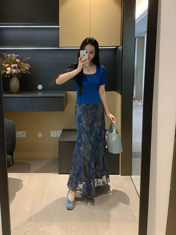 

Summer Outfit Fish Tail Half Skirt Set Short Sleeve Shirt Print Pattern Women's Fashion Two-Piece Set XINYI Nice Sea Breeze