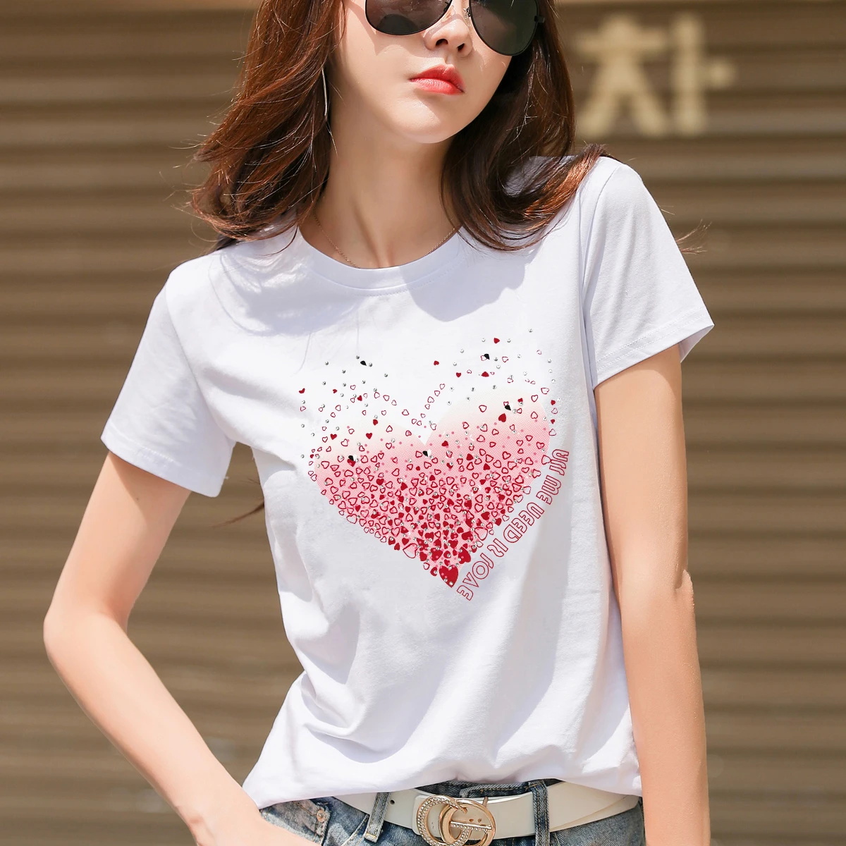 TuangBiang Summer Rhinestone Printed Letters 2024 New Comfort Short Sleeve Cotton Women O-Neck T-Shirts Loose Casual Ladies Tops