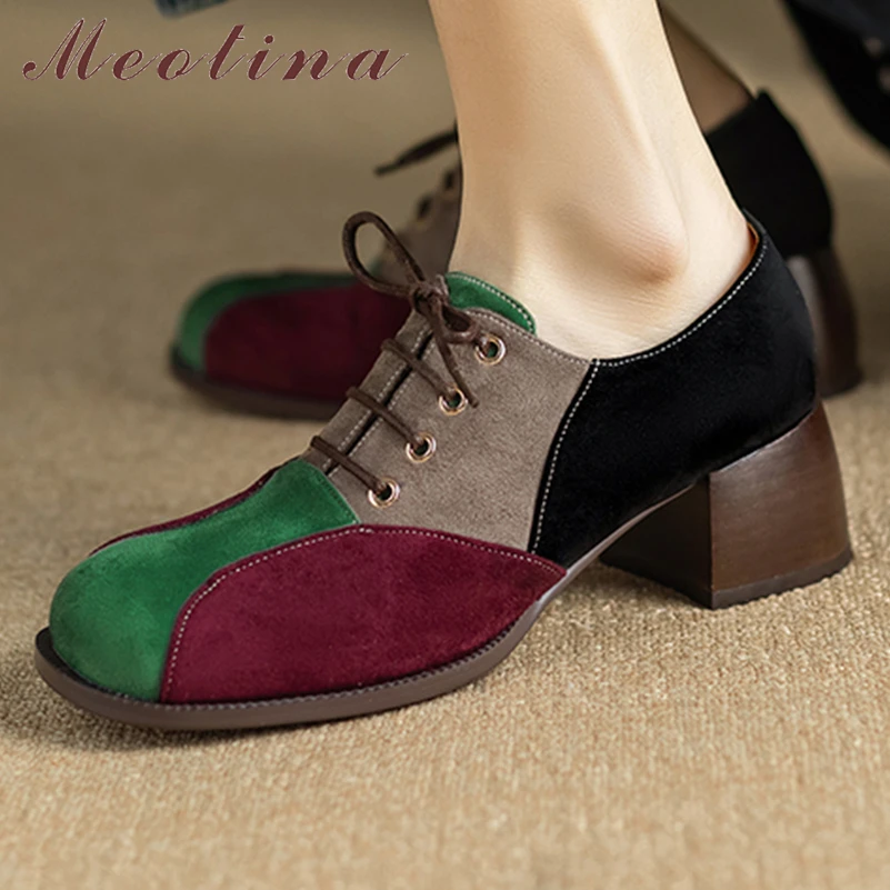 

Meotina Women Pumps Round Toe Chunky Mid Heels Lace-up Mixed Colors Concise Lady Fashion Shoes Spring Autumn Yellow Green Red 42