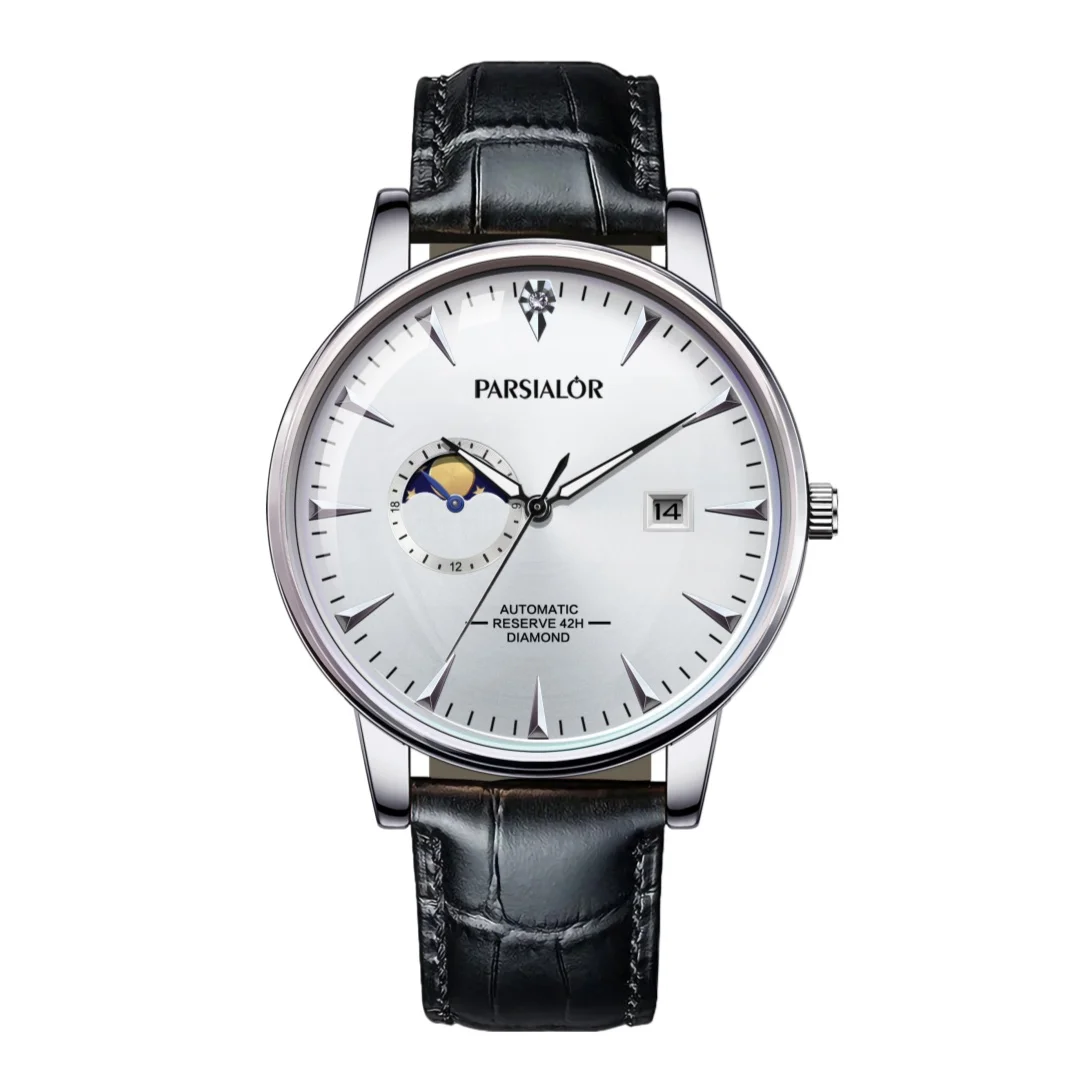 PARSIALOR 6030 Fashion Men's Automatic Mechanical Wristwatch Moon Phase Luminous Leather Strap Business Casual Watches for Man