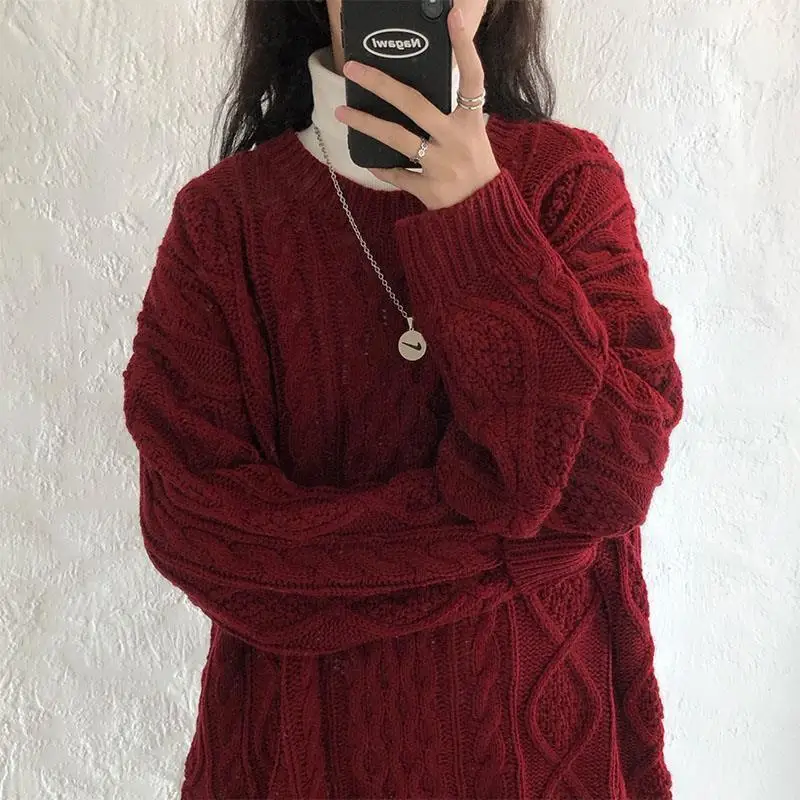 Autumn Winter Women Red Pullovers Loose Vintage Twist Jumpers Long Sleeve Knit Outwear Tops Korean Preppy Style O-neck Sweaters