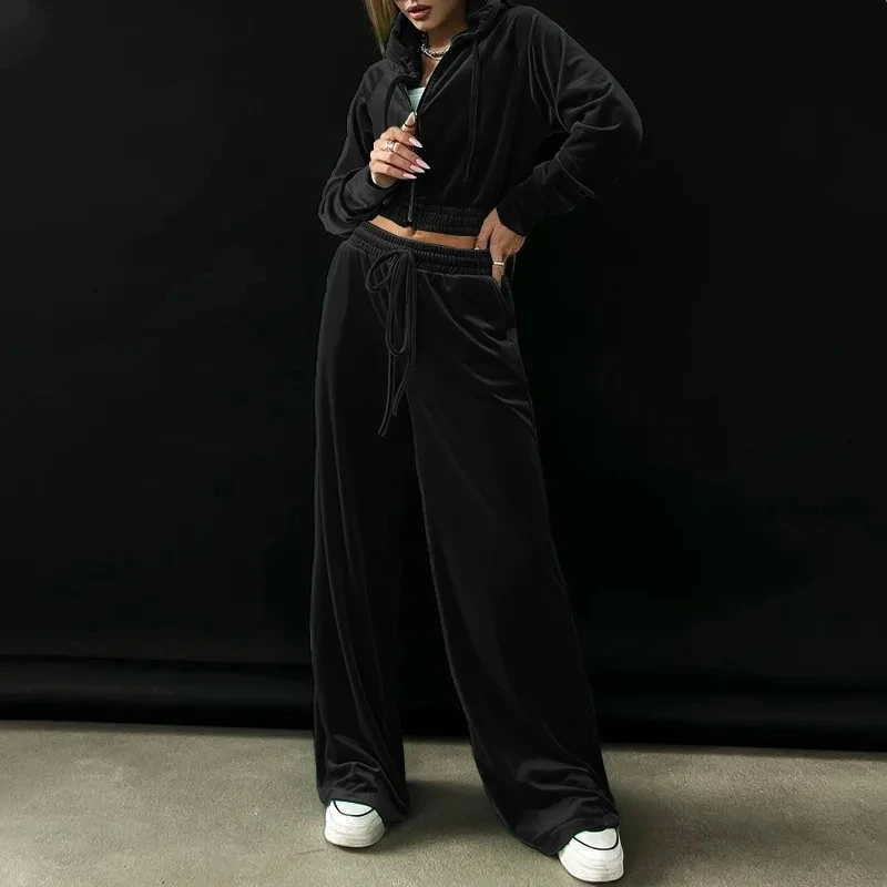 

Women Long-Sleeve Zipper Hooded Drawstring High Waist Wide Leg Pants Suit 2023 Autumn Winter New Velvet Solid Loose Suit