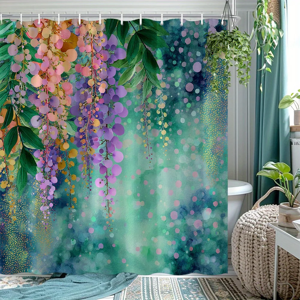 

Wisteria Shower Curtain – Pink Purple Flowers, Teal Abstract Background, 2D Flat Print, Polyester, Grommet Top, 71x71 inch