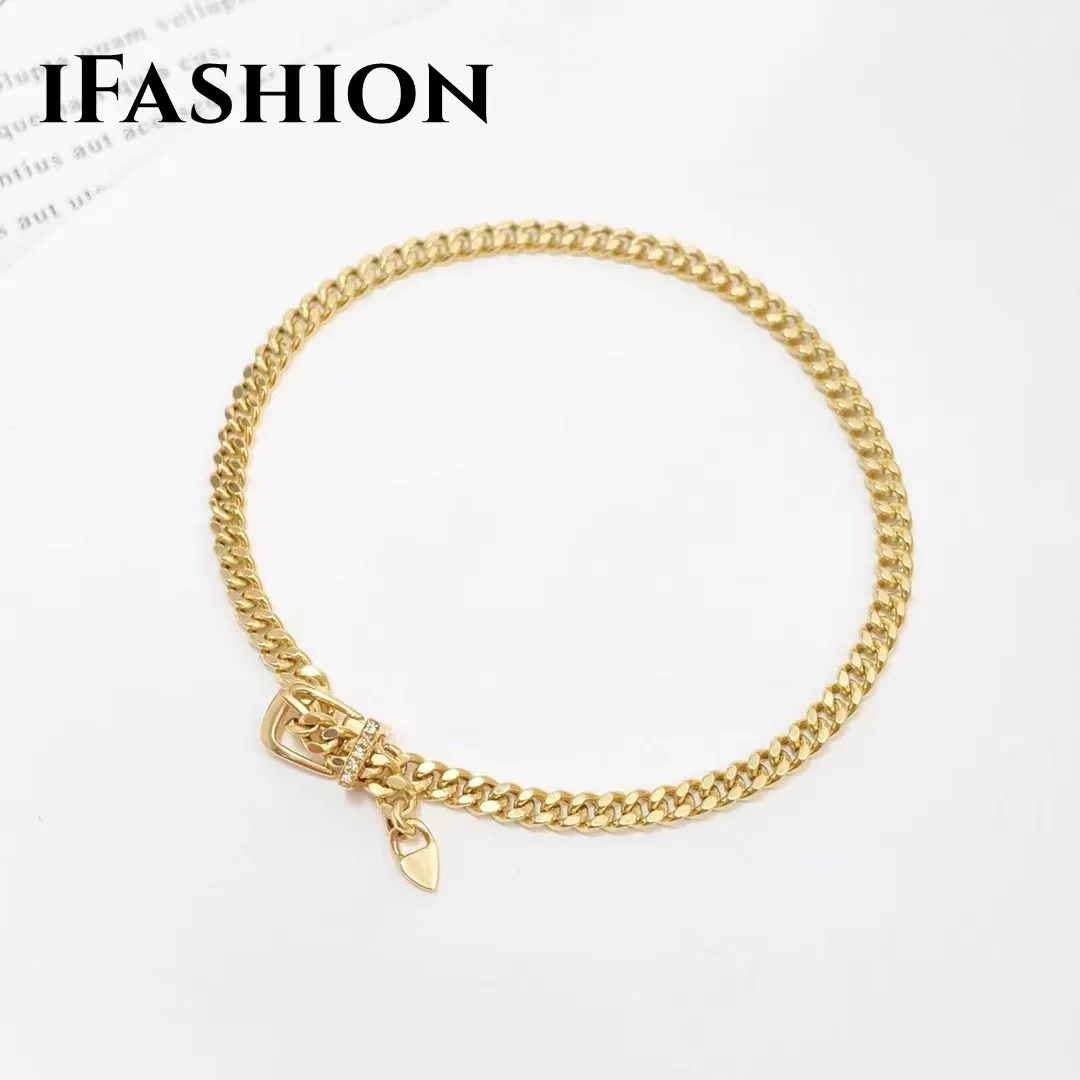 

IFASHION Belt Buckle Cowboy Diamond Necklace Bracelet18K Solid Yellow Real Gold Jewelry(AU750)Women Customize Wedding Gift