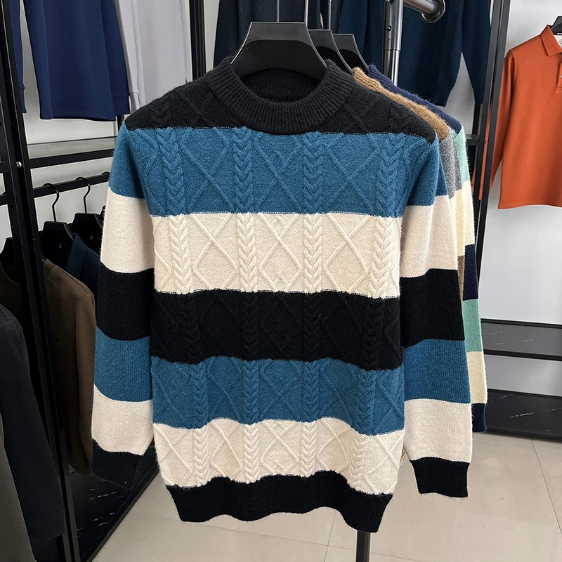 Men's Knitted Sweater Color Block Stripe Design Thickened Warm Crew Neck Autumn Winter Fashion Casual Classic Trend Men's Wear