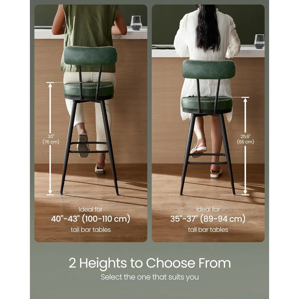 Bar Stools Set of 2,Bar Height Swivel Bar Stools with Back, Synthetic Leather Mid Century Modern,30-Inch Tall,Forest Green