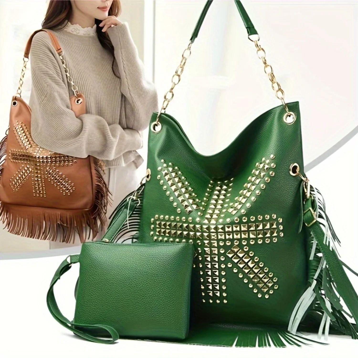 

Fashionable Decor Tote Bag Set - Punk Style Fringed Shoulder Bag, Women's Tassel Hobo Bag with Clutch Purse