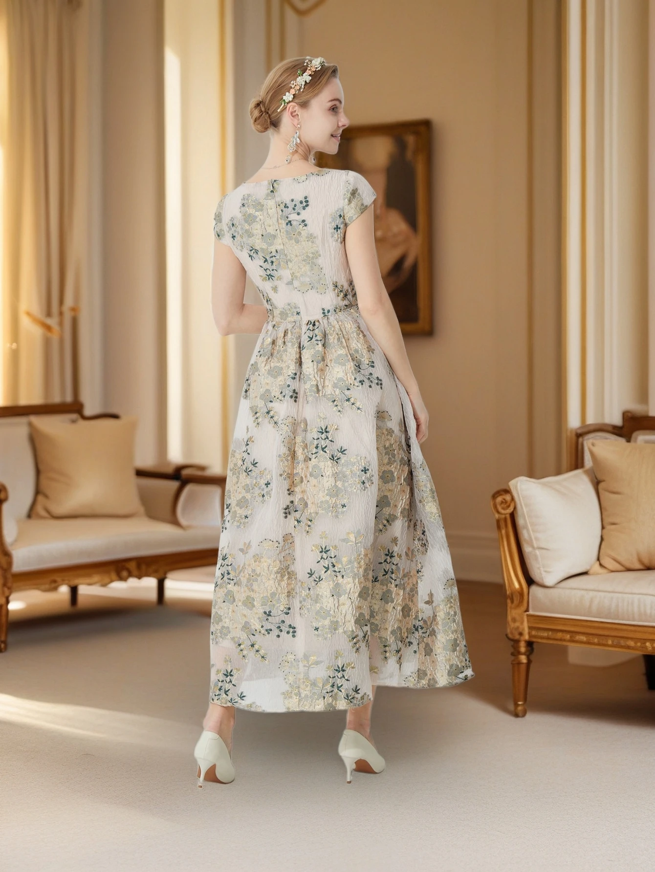 French Retro Formal Dress Jacquard Waist-Cinching Full-Skirt Long Gown - Luxury Celebrity Style Evening Banquet Elegant Dress