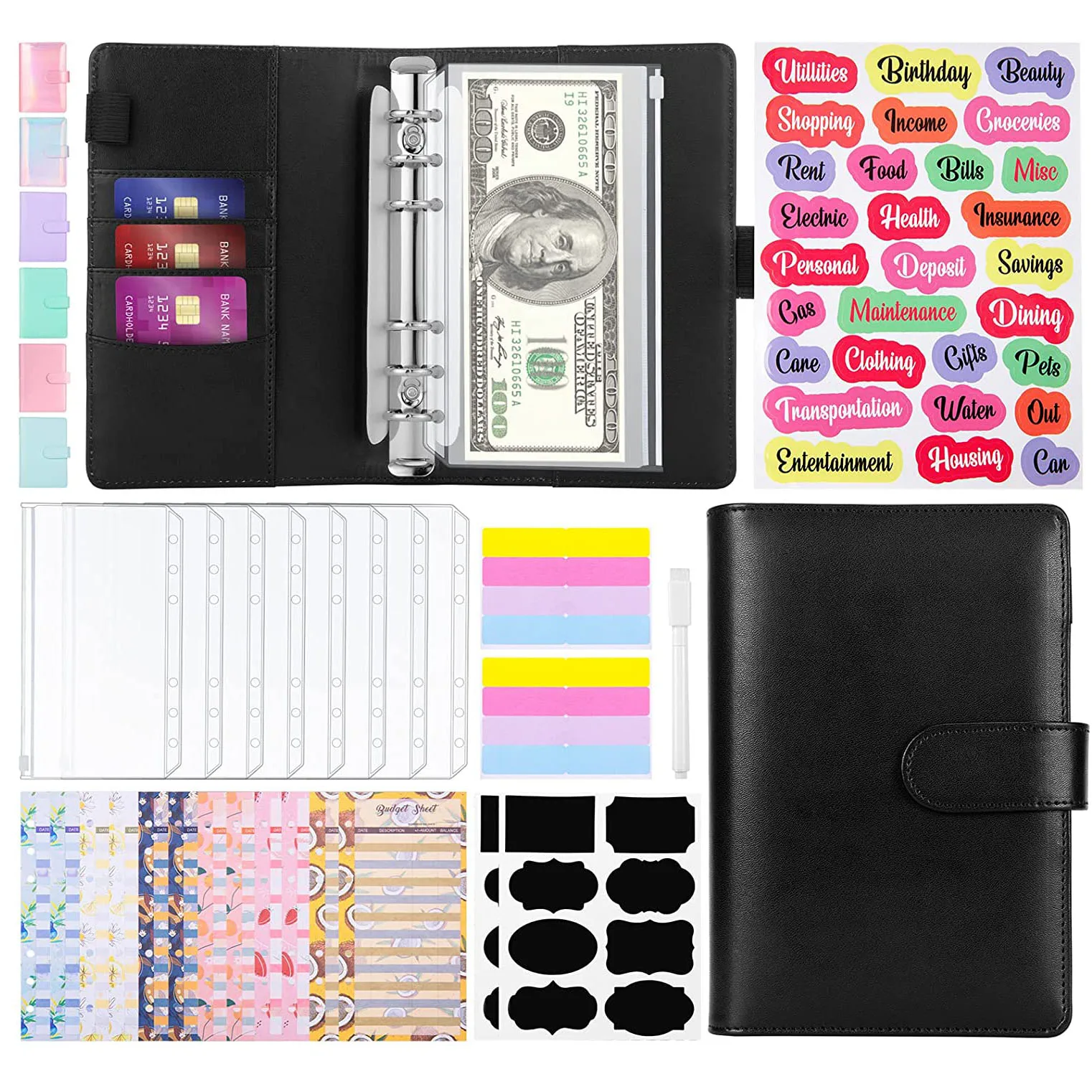 A6 Budget Binder Cash Envelopes with 12 Pcs Expense Budget Sheet Money Organizer for Cash with 8Pcs Binder Pockets,for Budgeting