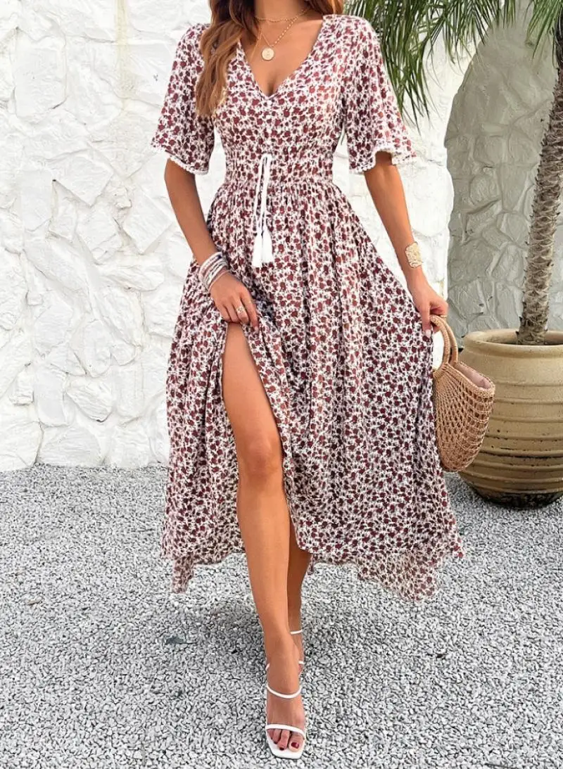 Elegant Women's Dresses Casual Floral Prints Elegant V-Neck Short Sleeved High Waisted Drawstring Casual Elegant Midi Dresses