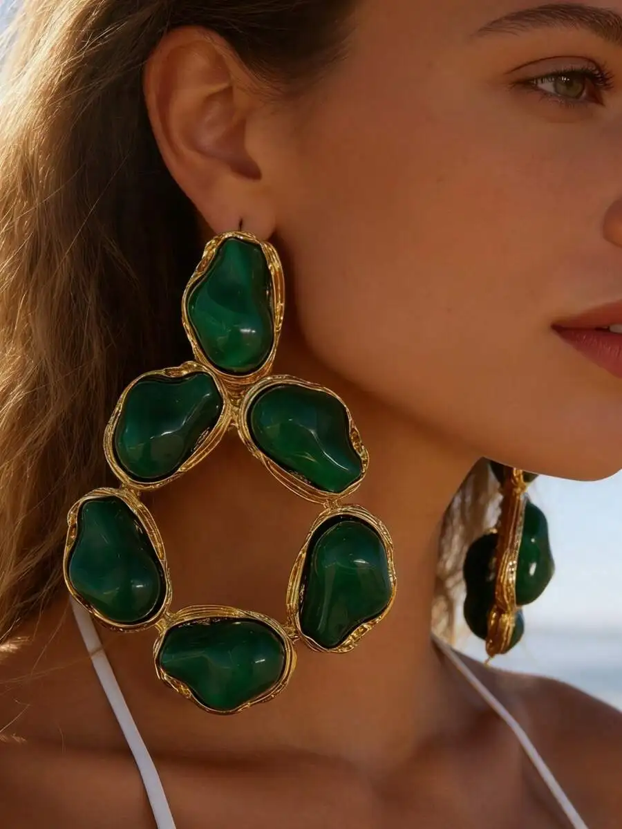 

Emerald Green Resin Pebble Cluster Earrings In Gold-Tone Asymmetrical Hoop Design, Vintage Statement Jewelry For Women, Party