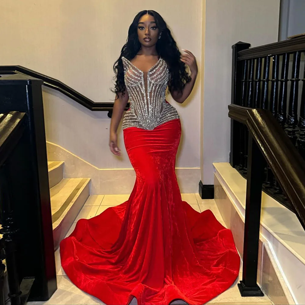 Passionate Strapless Red Mermaid Dresses With Train Velvet Women Clothing Beaded Crystals Boeydon Dress Plus Size Gown