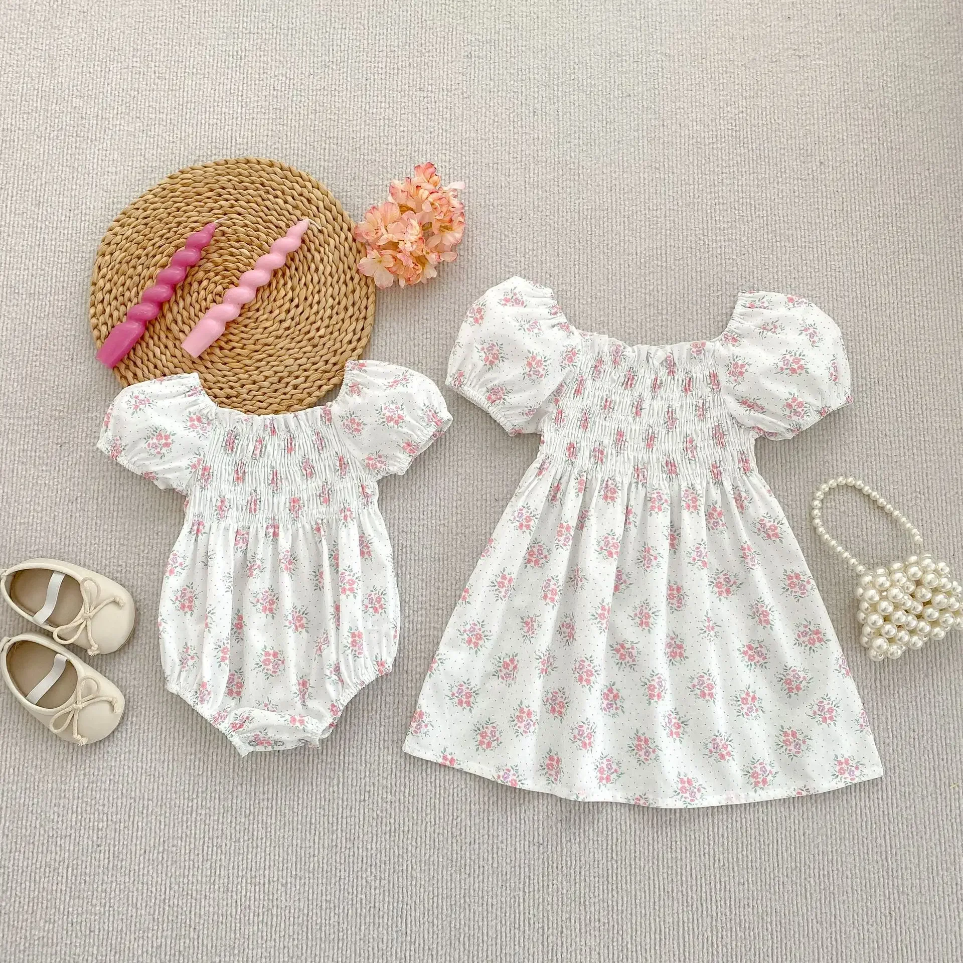 

Summer New Baby Girl Thin Comfortable Floral Dress & Romper Set - Pure Cotton Puff Sleeve Square Neck Smocked Sister Outfits