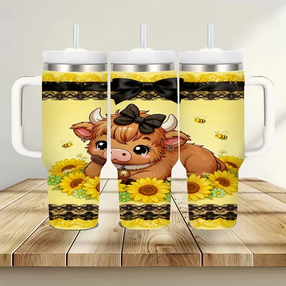 40oz Insulated Tumbler with Handle, Cute Highland Cow Sunflower Bee Print, Suitable for Women Daily Use, Keeps Drinks Hot Or Cold for Outdoor And Indoor Activities
