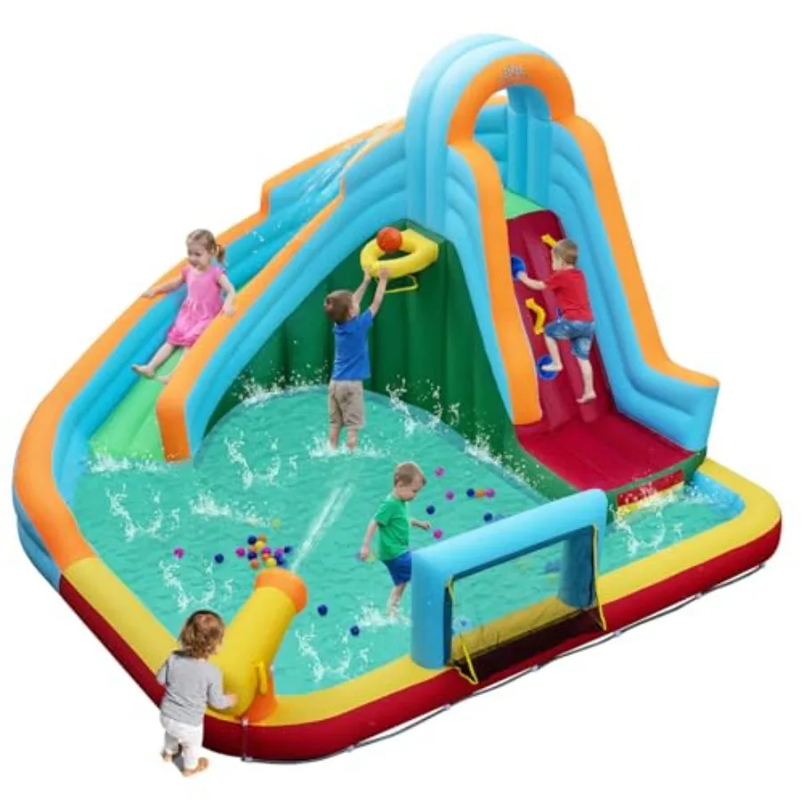 Tobogán Acuático Inflable 6 en 1, Parque Acuático para Exteriores con Tobogán Largo, Pelotas Oceánicas, Piscina de Chapoteo, Portería de Fútbol, Tobogán Inflable