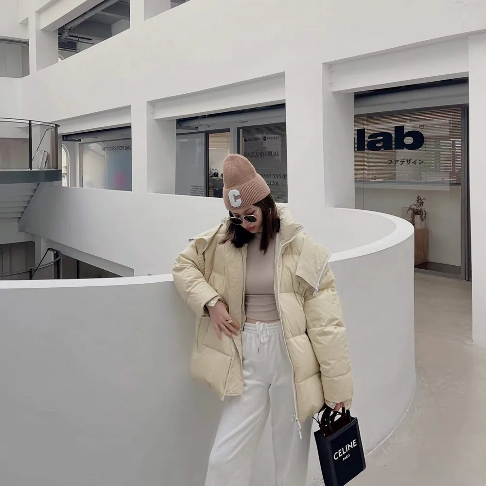 

Thickened 90 White Duck down Hooded Puffer Jacket Short Style Winter New Arrival Warm Bread Style Coat Fluffy Outerwear