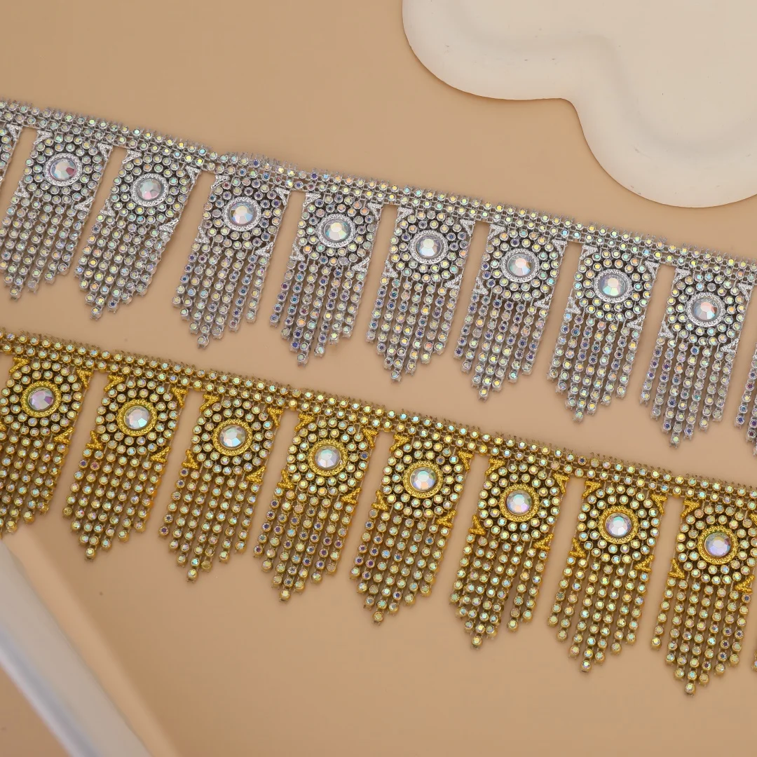 

2 Yards 6.5cm Wide Exquisite Gold Silver Rhinestone Chain Lace for Bridal Hairpiece Costume DIY Material Jewelry Decoration