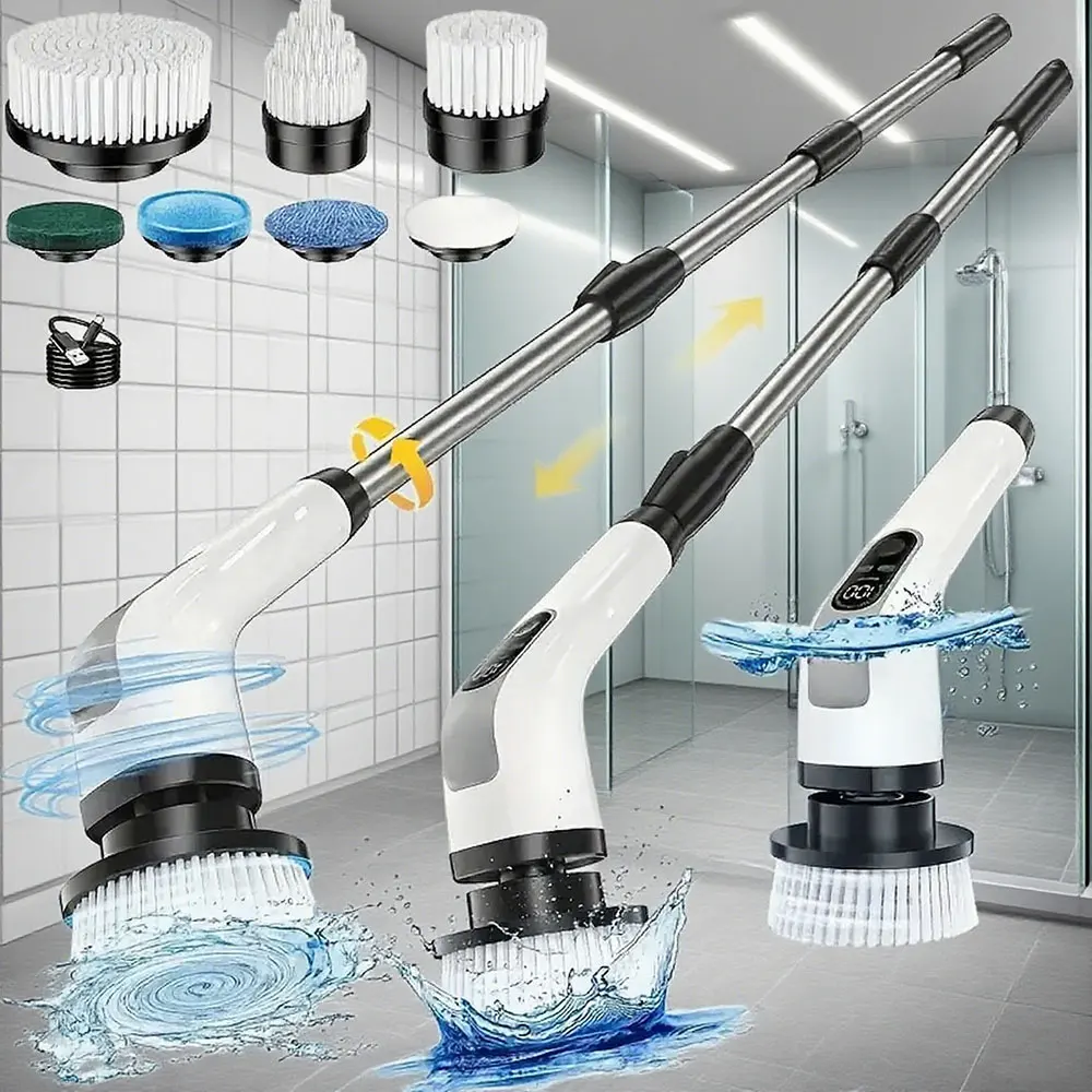 Electric Spin Scrubber Retractable Handle Adjustable Speeds Cordless Adjustable & Detachable Handle 7 Replaceable Brush Heads