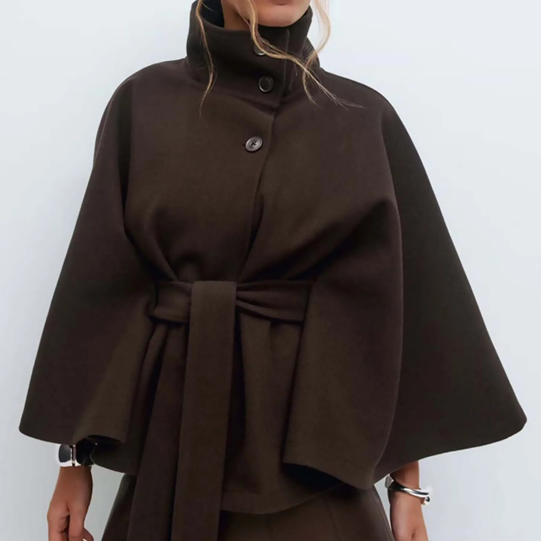 Stand Collar Button Front Cape Regular Length Elegant Commuter with Autumn Thick Patchwork Regular Fit Cape Coat for Women