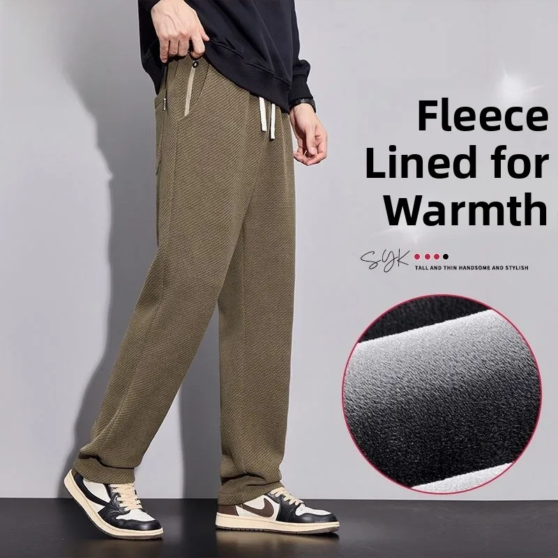 

Thiened Knitted Casual Pants Men's Autumn Winter Straight Leg Fce Lined Warm Long Trousers with Zipper ket Busin G...