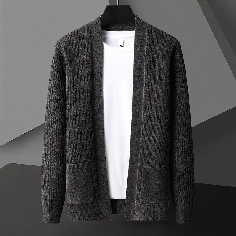 Cárdigan de punto con bolsillo para hombre, chaqueta informal de negocios de lujo, a la moda, de Color sólido, con patrón de bambú, para primavera y