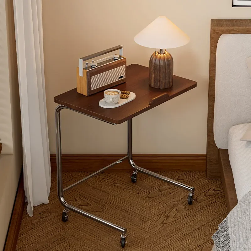 Nordic Rolling Bedside Nightstand Solid Wood Modern End Table Living Room Reading Nook Study Desk Multifunctional Computer Desk