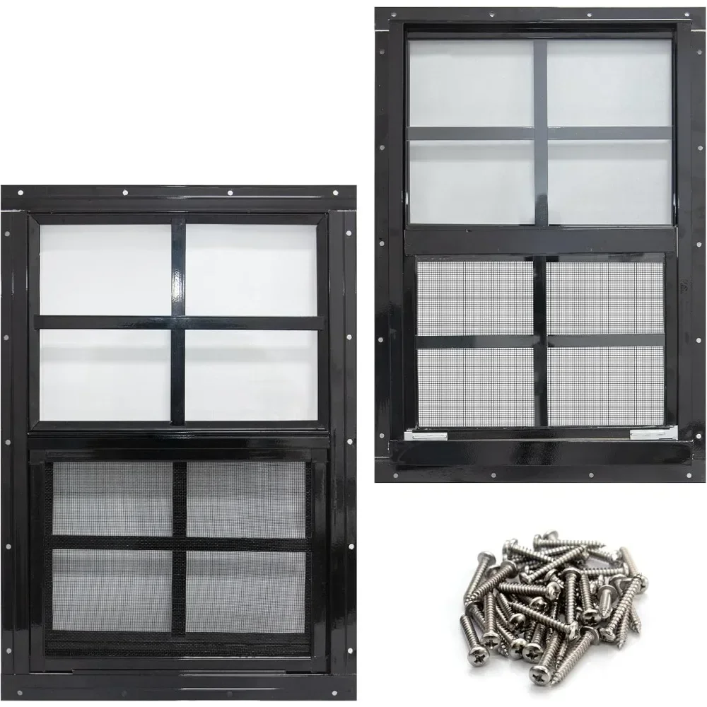

2 pack shed window with black frame, 24 x 36 flush mount small window with tempered glass and fiberglass screen for shed, chick
