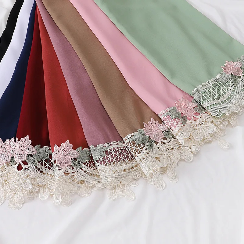 New Premium Pearl Chiffon Hijab Long Shawl Embroidered Lace Floral Muslim Women Wrap Headscarf 70X175CM Abaya Islam Turban Femme