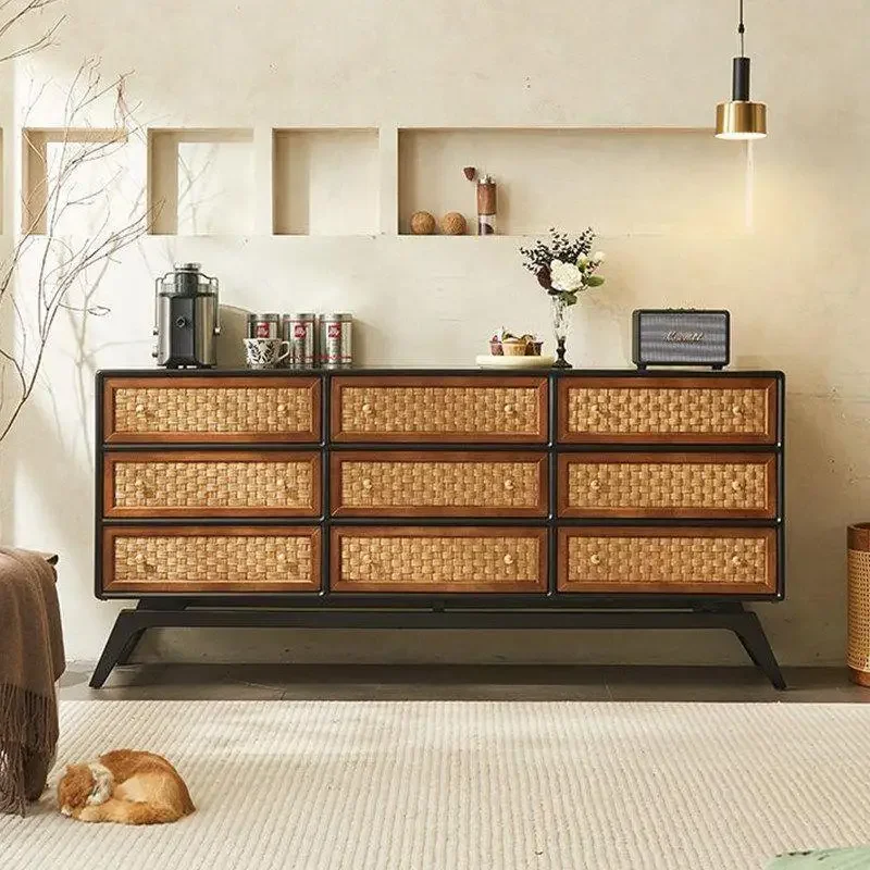 XCX antique rattan nine dou retro solid wood dining side living room storage locker