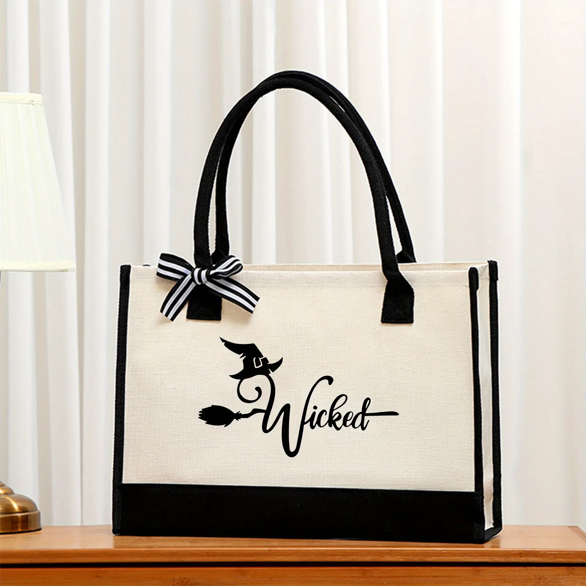 

Witch Pattern Canvas Beach Bag Colorblock Tote Bag Casual Large Capacity Shopping Tote Bag Gift Wrapping Bag Halloween Gift