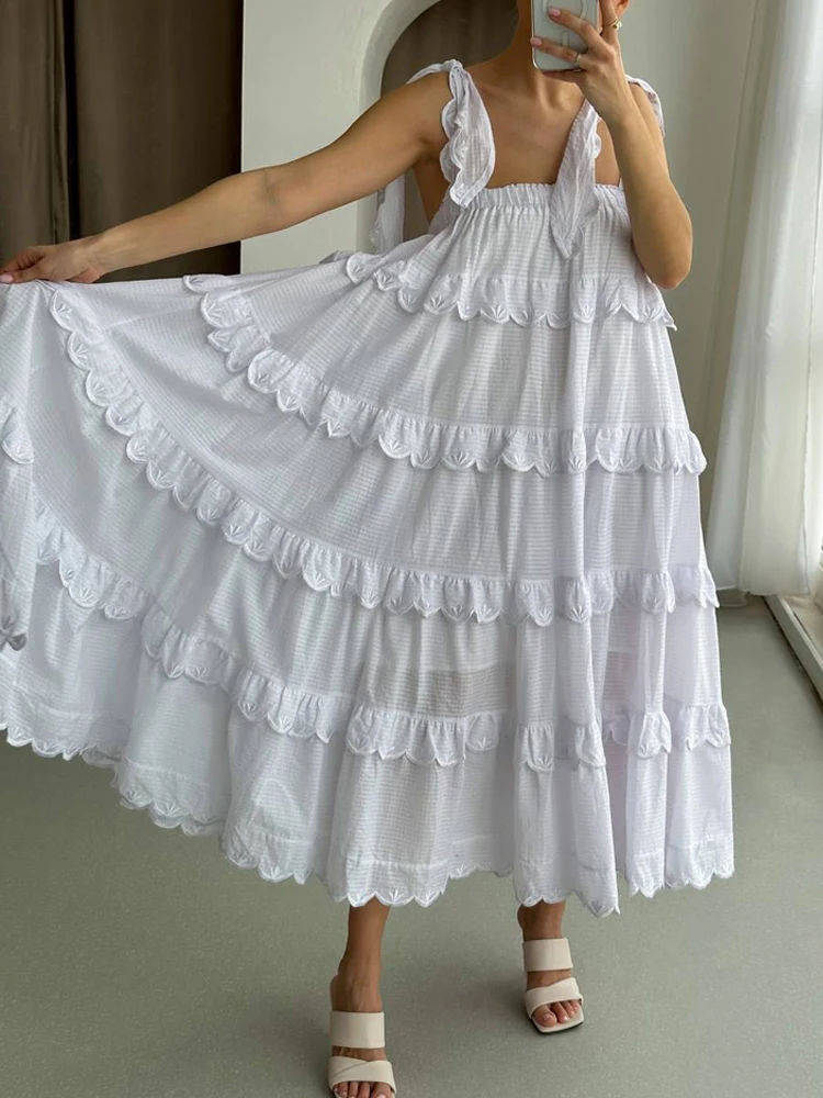 Elegant Sleeveless Women Dress Strapless Off Shoulder Oversized Ruffles Midi Dresses Female Fashion 2023 Summer Home Wear